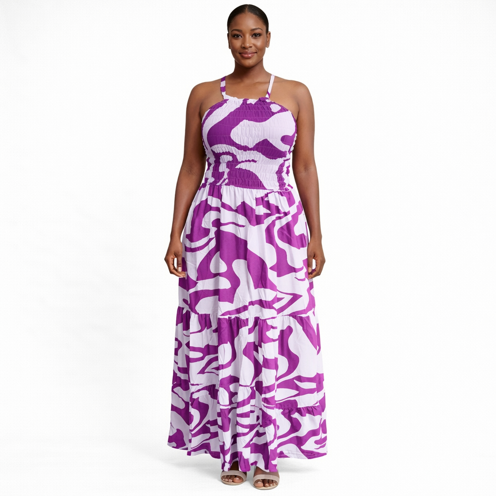 Purple and White Halter Neck Smocked Maxi Dress